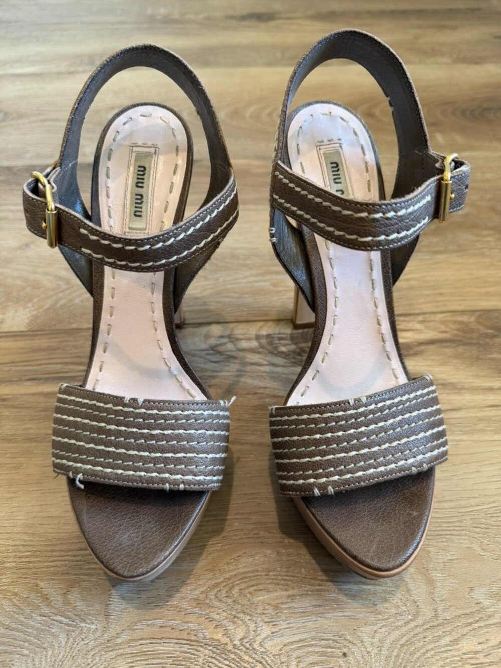 Miu Miu Brown Leather Slingback Sandals with Contrast Stitching - Size 39.5
